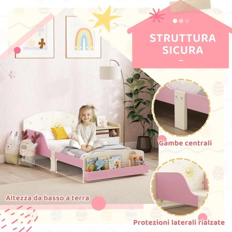 LETTO PER BAMBINI 3-8 ANNI BASSO IN LEGNO CON SPAZIO CONTENITORE E SPONDE LATERALI, 150X77X60 CM, ROSA