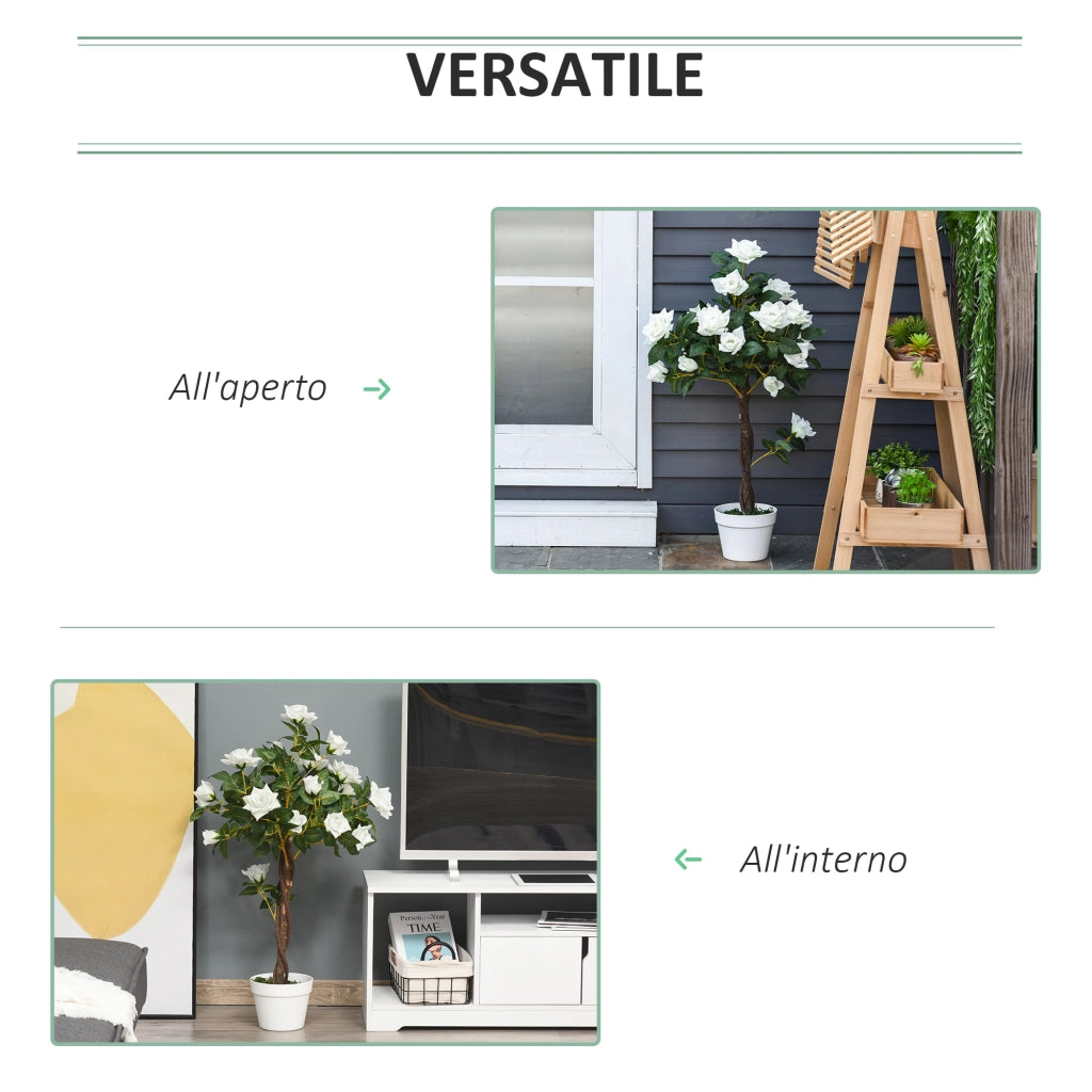 EasyComfort Pianta Finta di Rosa da 21 Fiori con Vaso Riempito in Cemento e Muschio, Pianta Artificiale in Plastica e Tessuto, Ø18x90 cm, Bianco e Verde