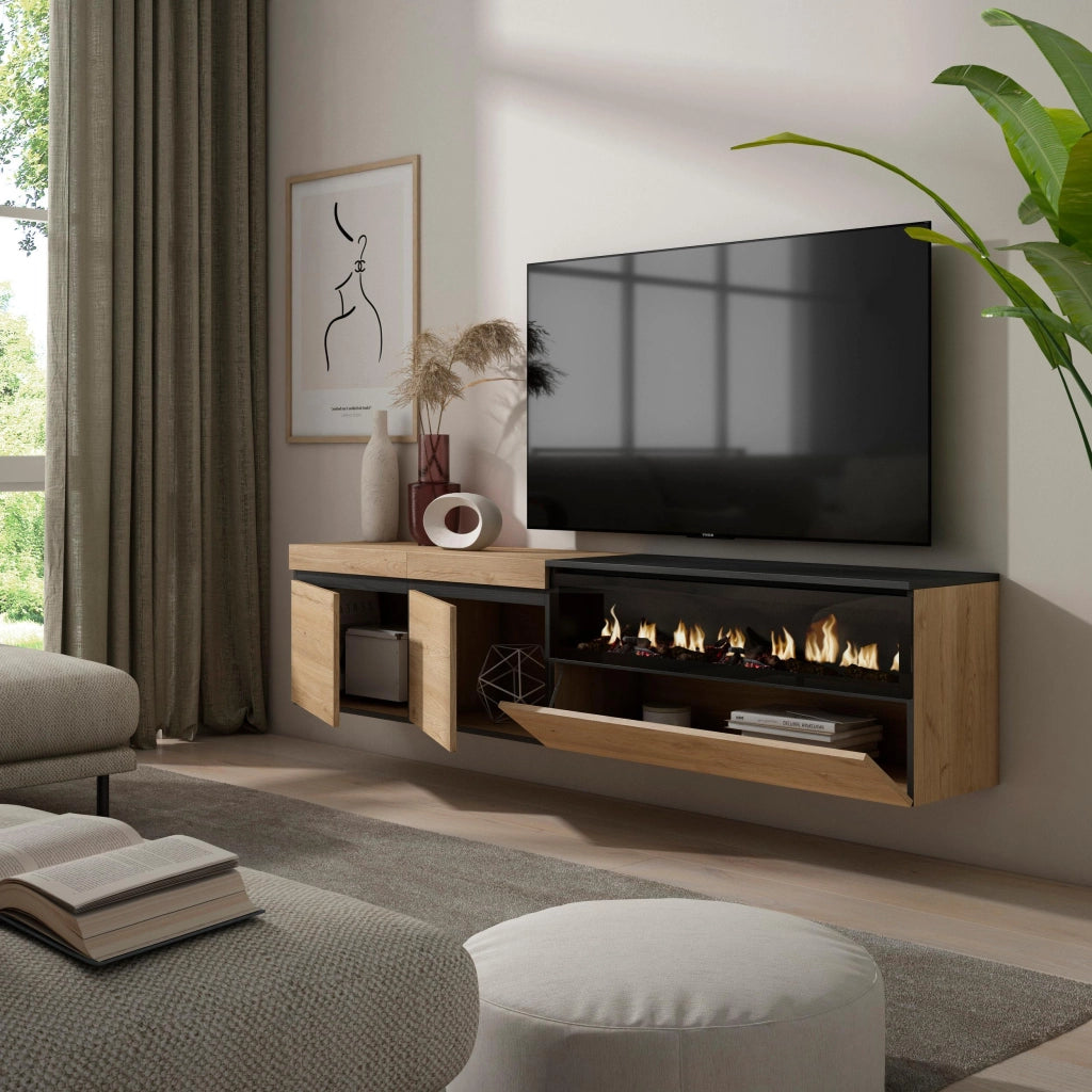 Mobile TV, 200x35x45cm, soggiorno, Per TV fino a 80", Camino elettrico, da appendere, colore Rovere e nero RF2159