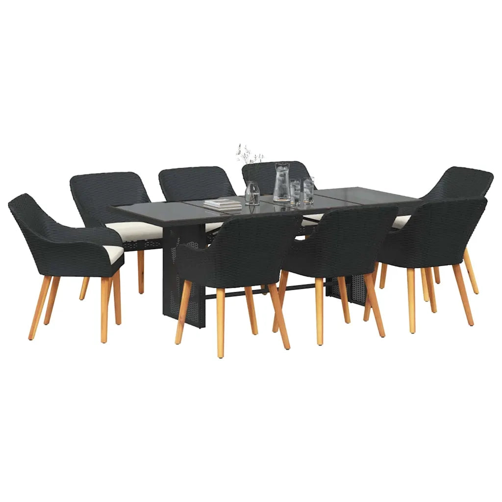 Set da Pranzo per Giardino con cuscino 9 pcs Nero polyrattan