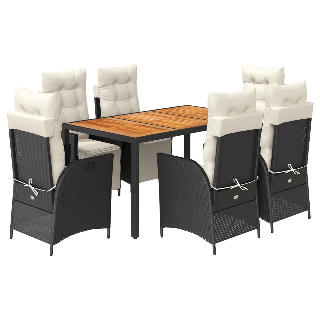 Set da Pranzo da Giardino 7 pz Nero con Cuscini in Polyrattan