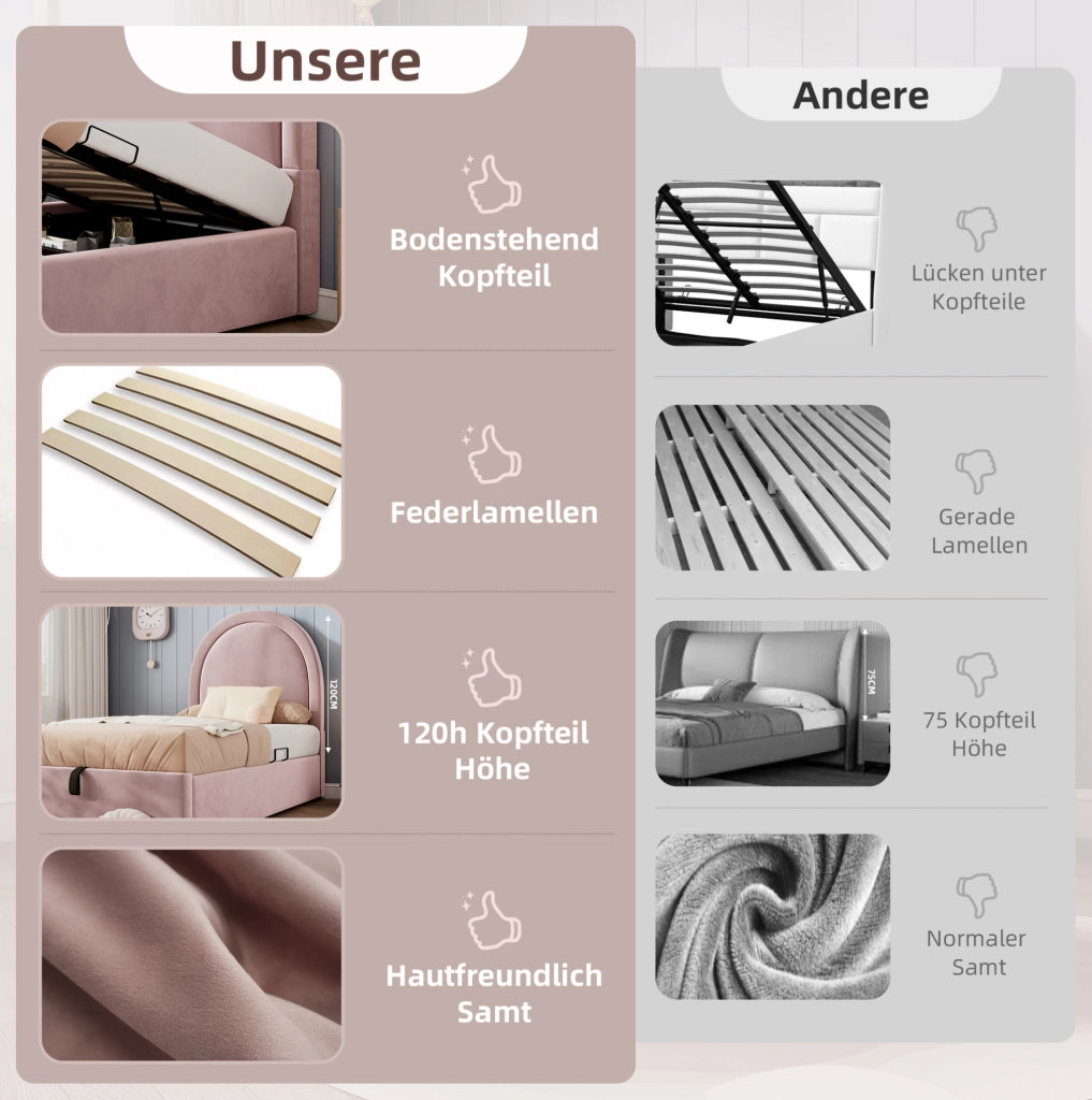 LETTO imbottito con contenitore 90x200 cm rosa in velluto