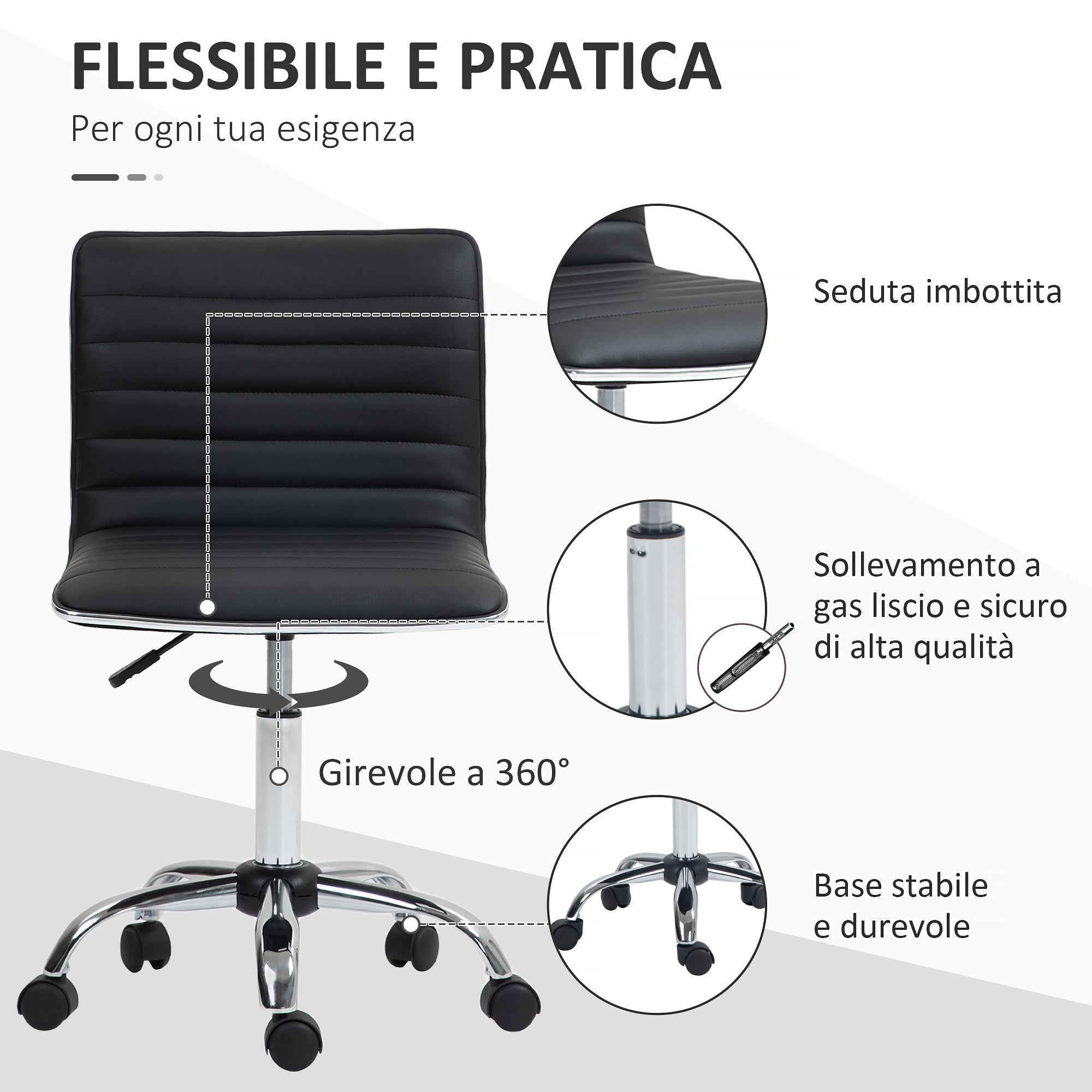 Sedia Poltrona Operativa da Ufficio Ergonomica con Altezza Regolabile in Pelle PU Nera