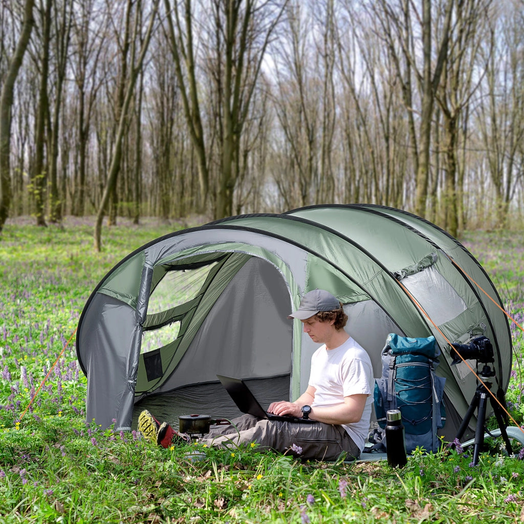 EasyComfort Tenda da Campeggio Pop Up 2 Posti con 2 Porte, 4 Finestre e Telo Impermeabile, 263.5x220x123 cm, Verde Scuro