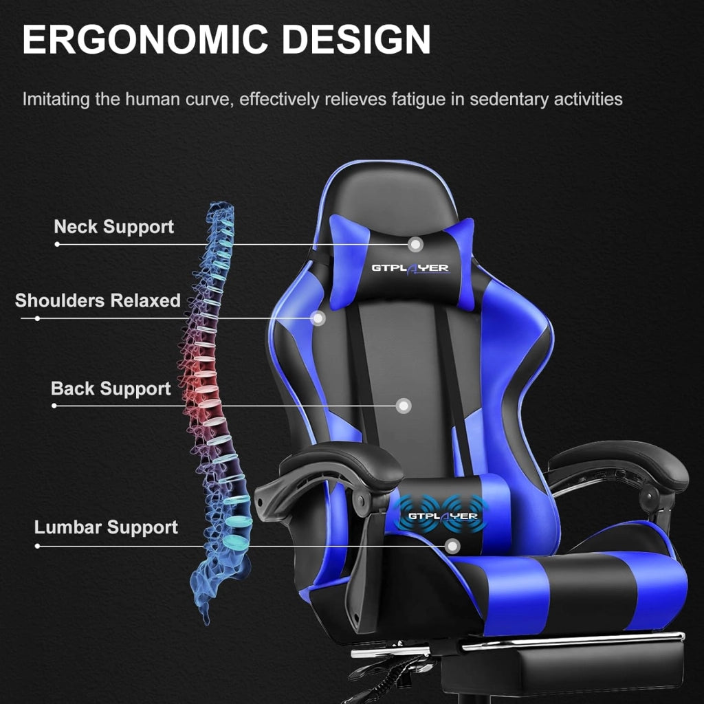 Sedia da Gaming, Ergonomico Sedia da Ufficio, con Massaggiante poggiapiedi e supporto lombare, Schienale Regolabile 90-135°, Portata 150 kg, sedia per computer, Blu