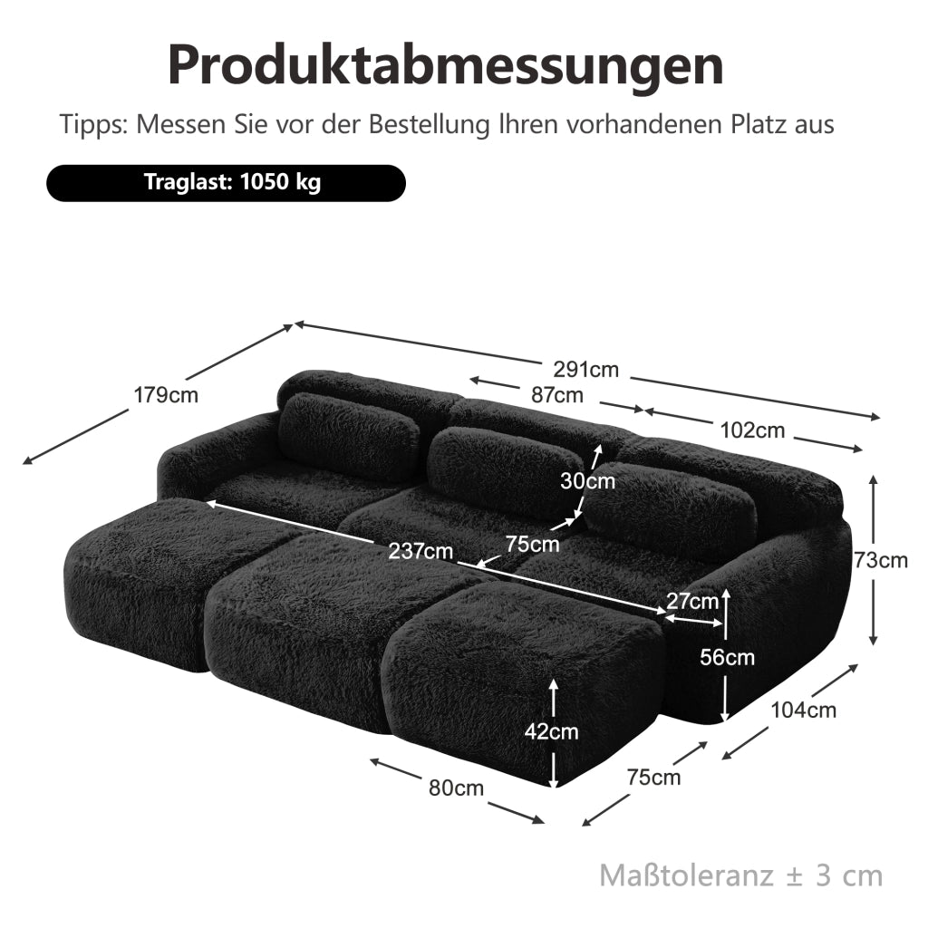 Divano Modulare 3 Posti con 3 Pouf, Convertibile, Configurazione ad L o ad U, in Peluche, Nero