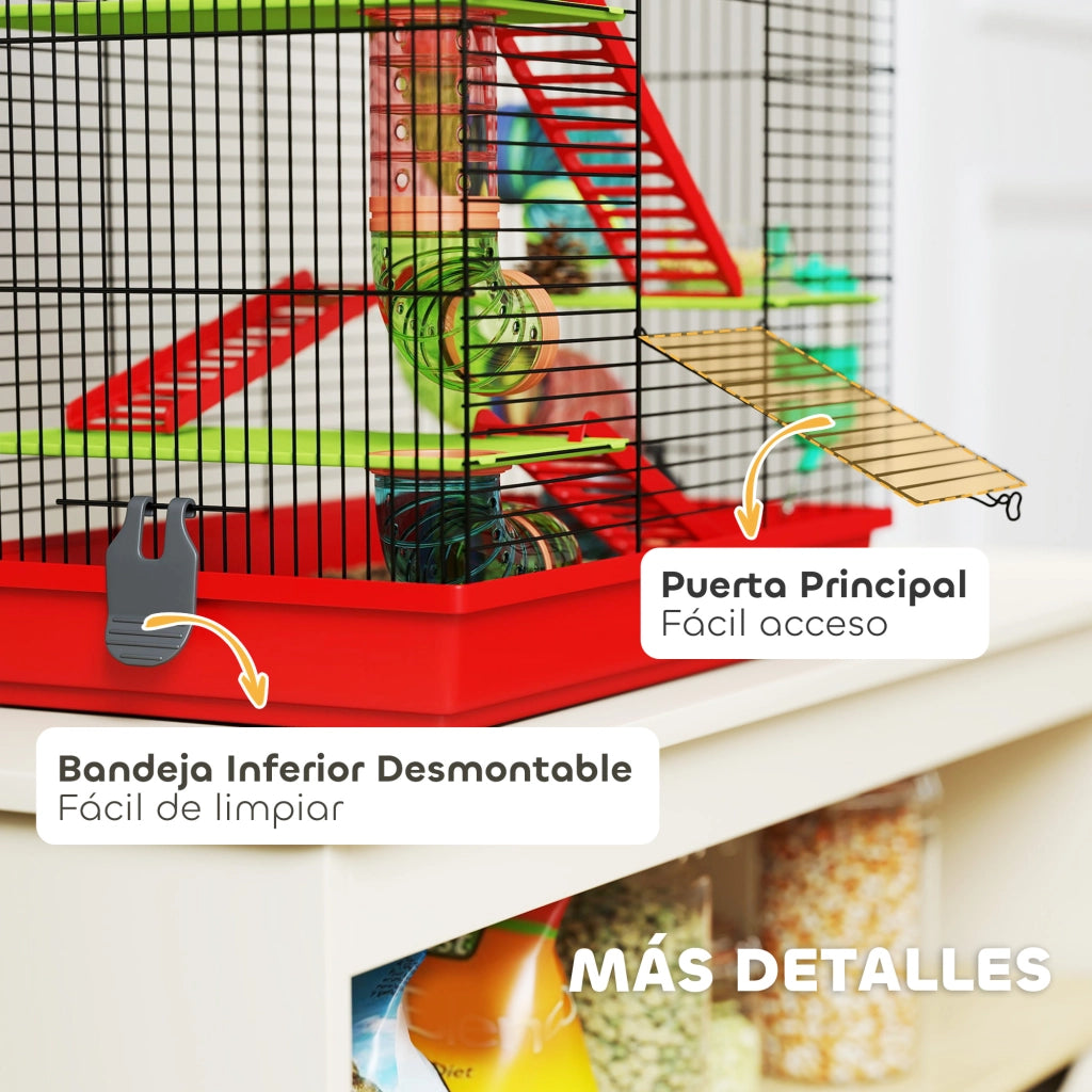 Gabbia per Criceti a 5 Livelli con Tunnel, Mangiatoia, Abbeveratoio, Casetta, Ruota e Scale ¨C Minimal ¨C Rosso 47x30x59 cm