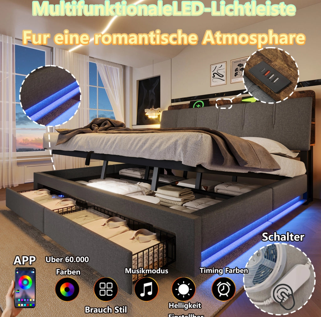LETTO Contenitore 180x200 cm Lino Grigio con USB e LED