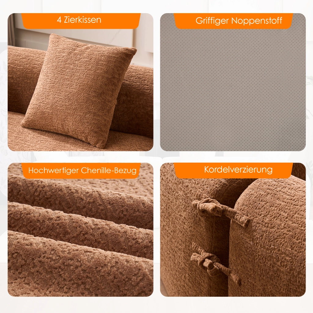 Divano ad angolo modulare 4 posti in chenille con design curvo e comfort elevato per soggiorno, color caramello