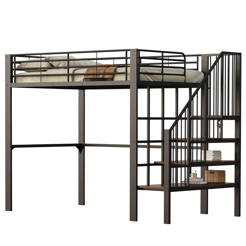 Letto a soppalco 140x200 in metallo con scala e ampio spazio sottostante