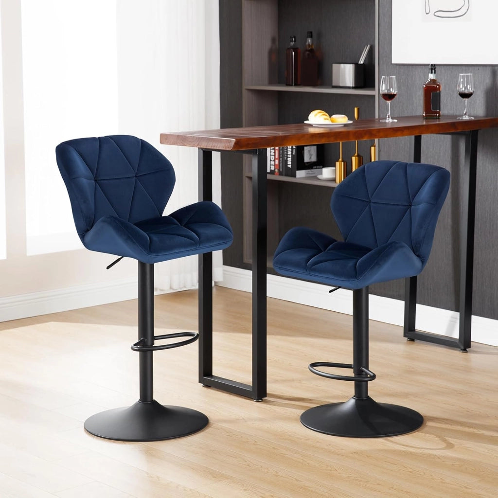 2X Sgabelli da Bar con Schienale Sedia Imbottita Regolabile in Altezza Lift Gas Tessuto Velluto Blu