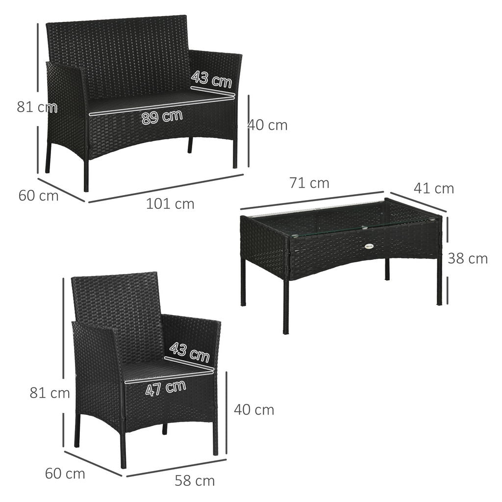 SET DA GIARDINO 4PEZZI IN RATTAN CON 2 SEDIE, POLTRONA DA GIARDINO A 2 POSTI E TAVOLINO BASSO