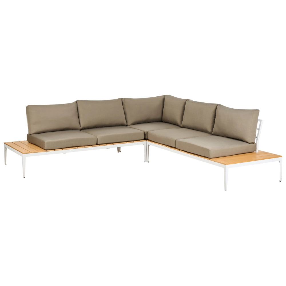 Set divano ad angolo da giardino cuscini grigi tavolo design a doghe set moderno da conversazione a 5 posti