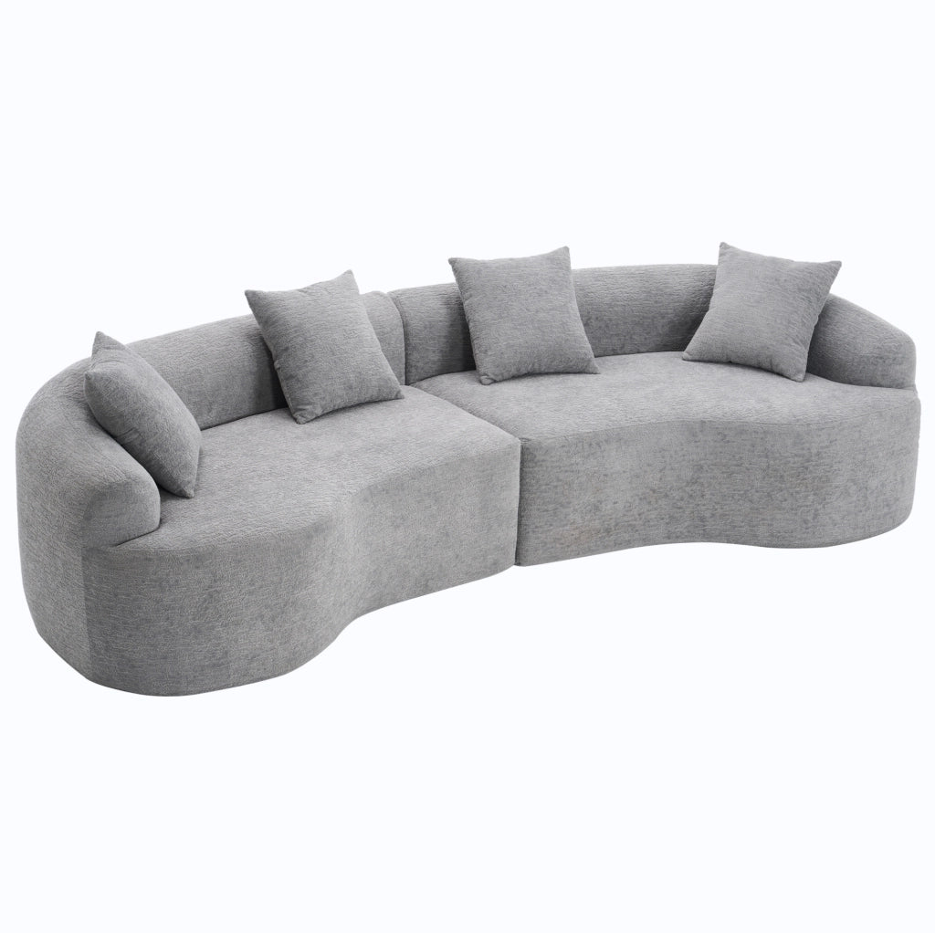 Divano modulare a 4 posti in chenille grigio, design moderno e curvo, senza montaggio