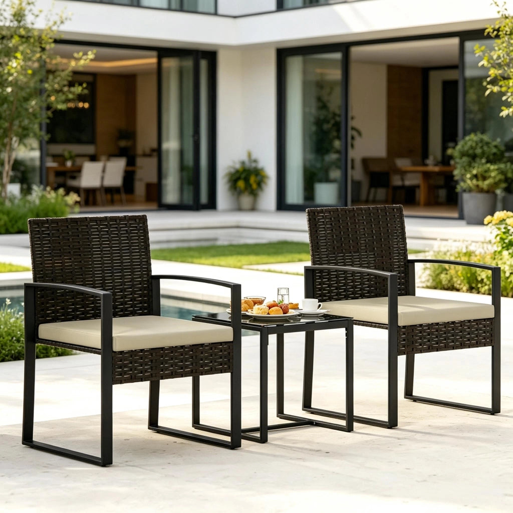 SET GARDINO Tavolo bistrot 40x40 cm con 2 sedie e 2 cuscini in rattan PE nero/marrone