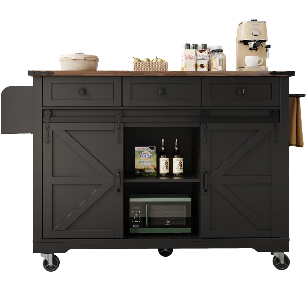 OKWISH Isola da cucina con 2 ante scorrevoli e 3 cassetti, piano ribaltabile, ruote, per cucina, nero