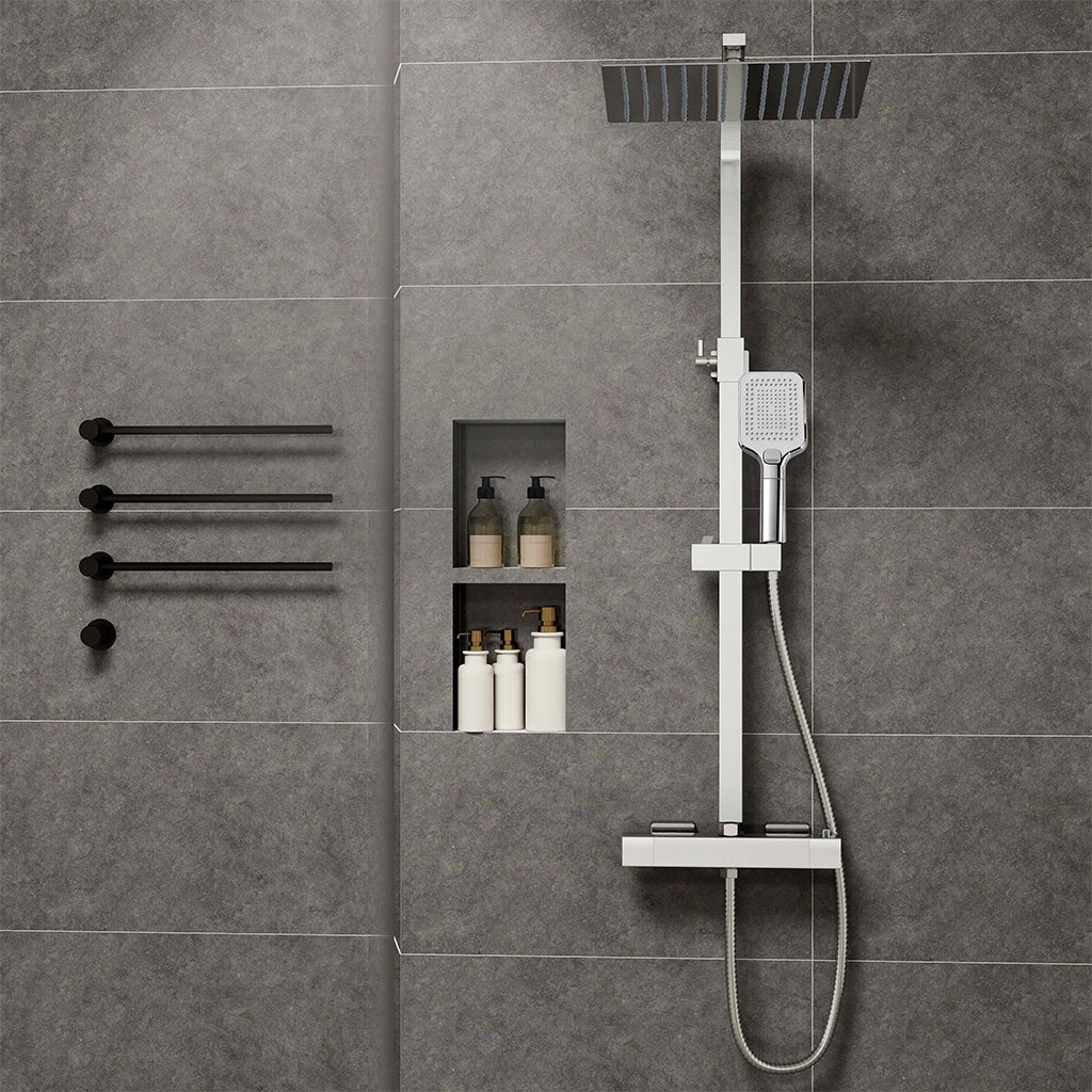 Grande soffione doccia 30x30cm con miscelatore termostatico e doccetta a 3 modi di getti, cromo