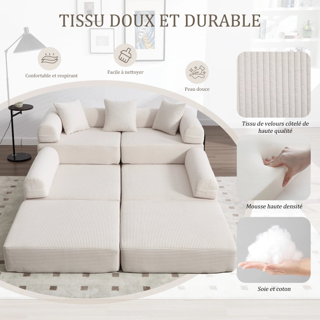 Divano modulare in velluto a coste con tasca laterale e funzione letto per soggiorno beige