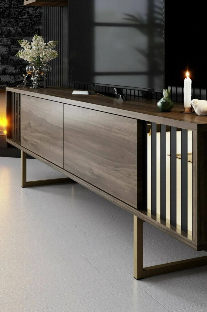 Mobile porta TV Artinay, Credenza da soggiorno, Armadio basso per TV, Base parete attrezzata, 180x30h48 cm, Noce e Nero