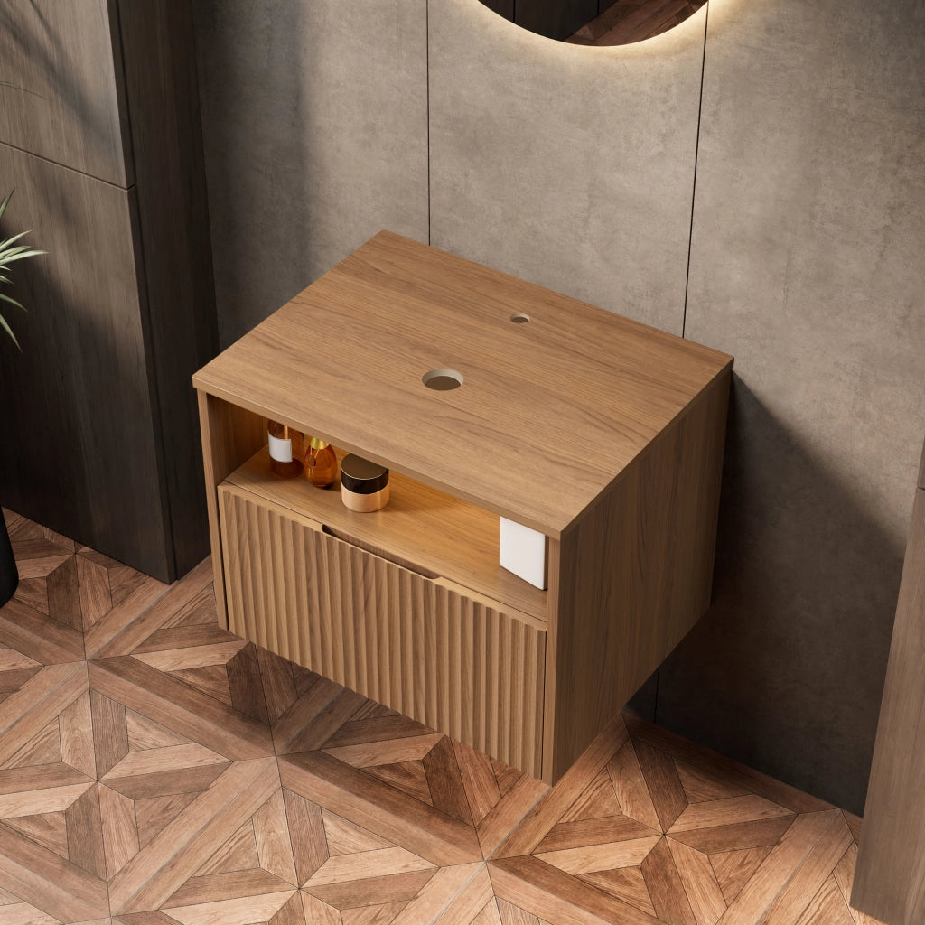 Mobile bagno sospeso con cassetto frontale con venatura 3D per bagno in compensato; rovere marrone; 69×55×54 cm