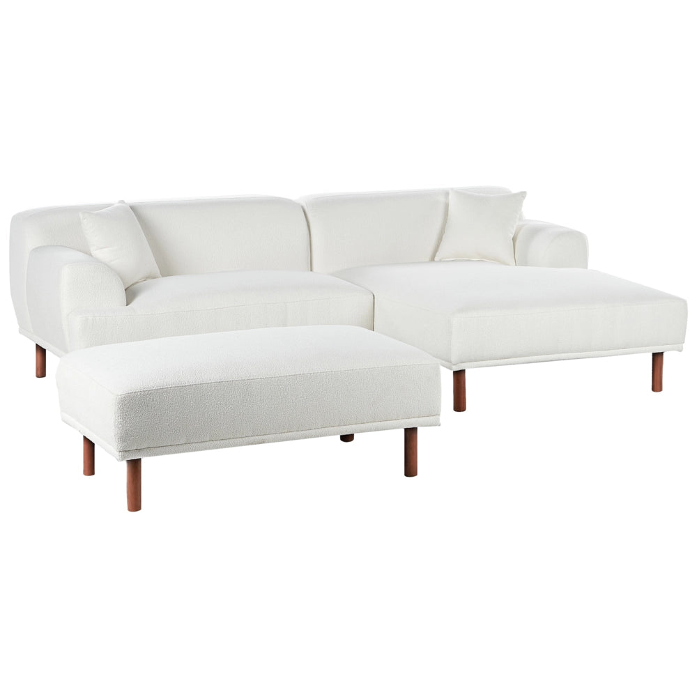 Divano ad angolo sinistro in tessuto bianco lato sinistro con pouf stile minimalista