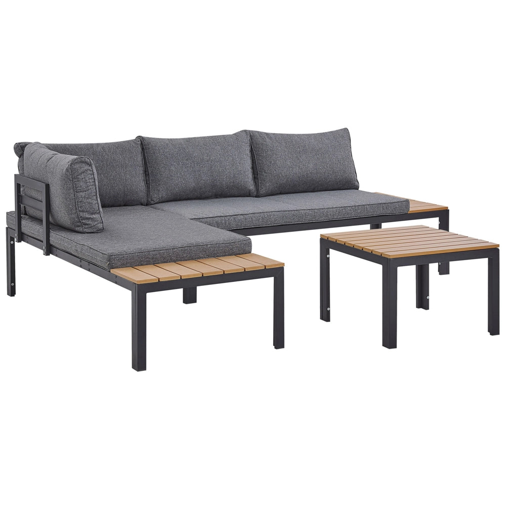 Set divano ad angolo da giardino cuscini grigi design a doghe tavolino da caffè a 4 posti moderno set di conversazione