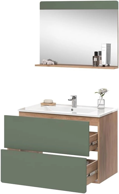 Set di mobili da bagno Izan, Goldkraft rovere/verde, 3 parti con specchio