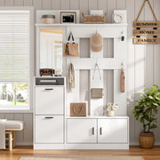 Mobili da ingresso con scarpiera ribaltabile, specchio e 6 ganci, vani aperti, in MDF, bianco, 120 × 30 × 180 cm