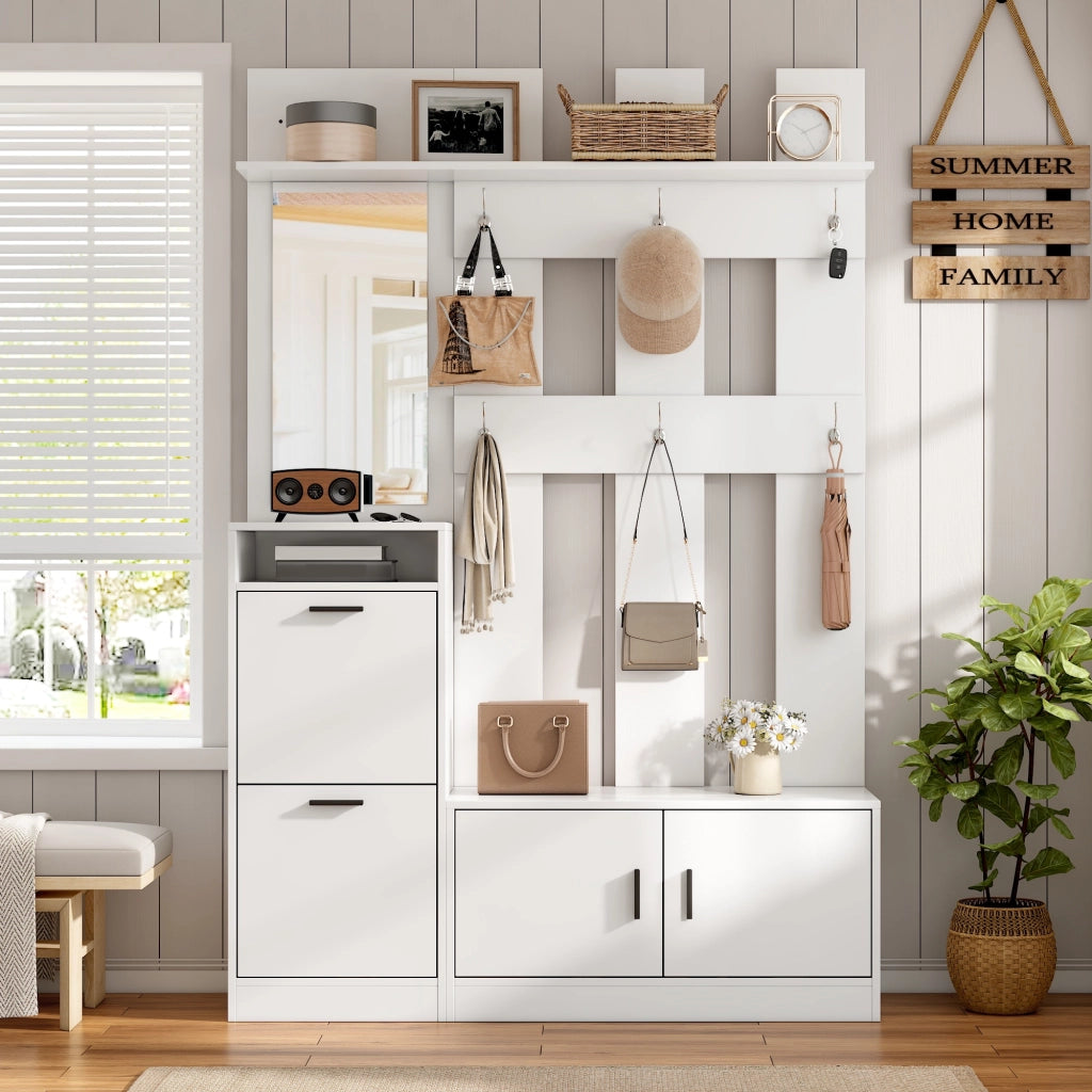 Mobili da ingresso con scarpiera ribaltabile, specchio e 6 ganci, vani aperti, in MDF, bianco, 120 × 30 × 180 cm