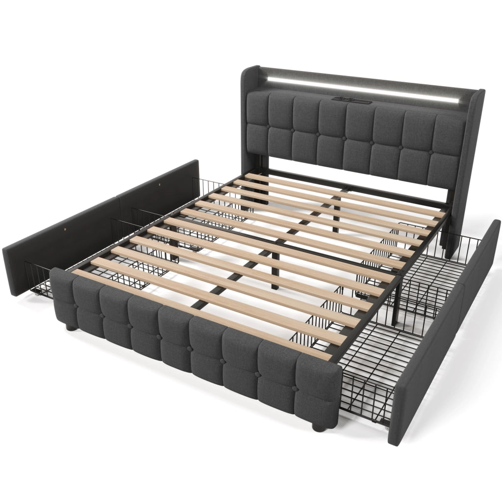 Letto matrimoniale imbottito 140x200 cm con 4 cassetti, LED, prese USB e struttura in ferro, grigio/beige