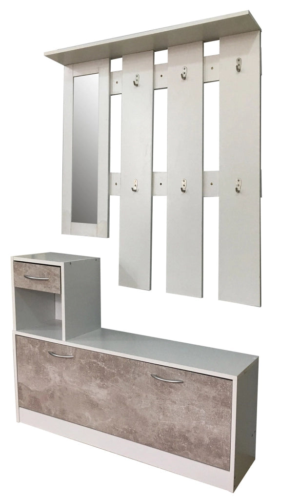 Mobile per Ingresso Scarpiera Appendiabiti e Specchio in Legno Truciolare Bianco e Grigio