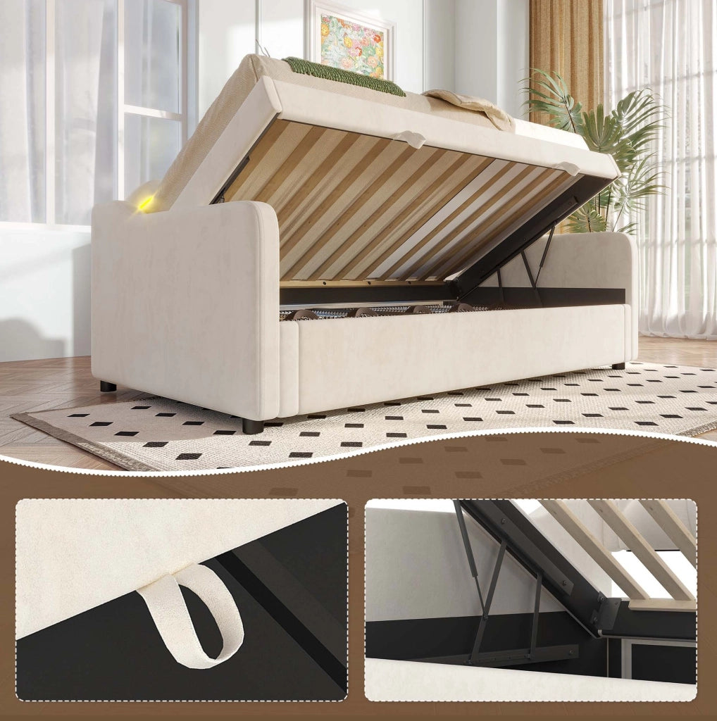 Divano letto con contenitore e LED, in velluto beige, 90x200 cm