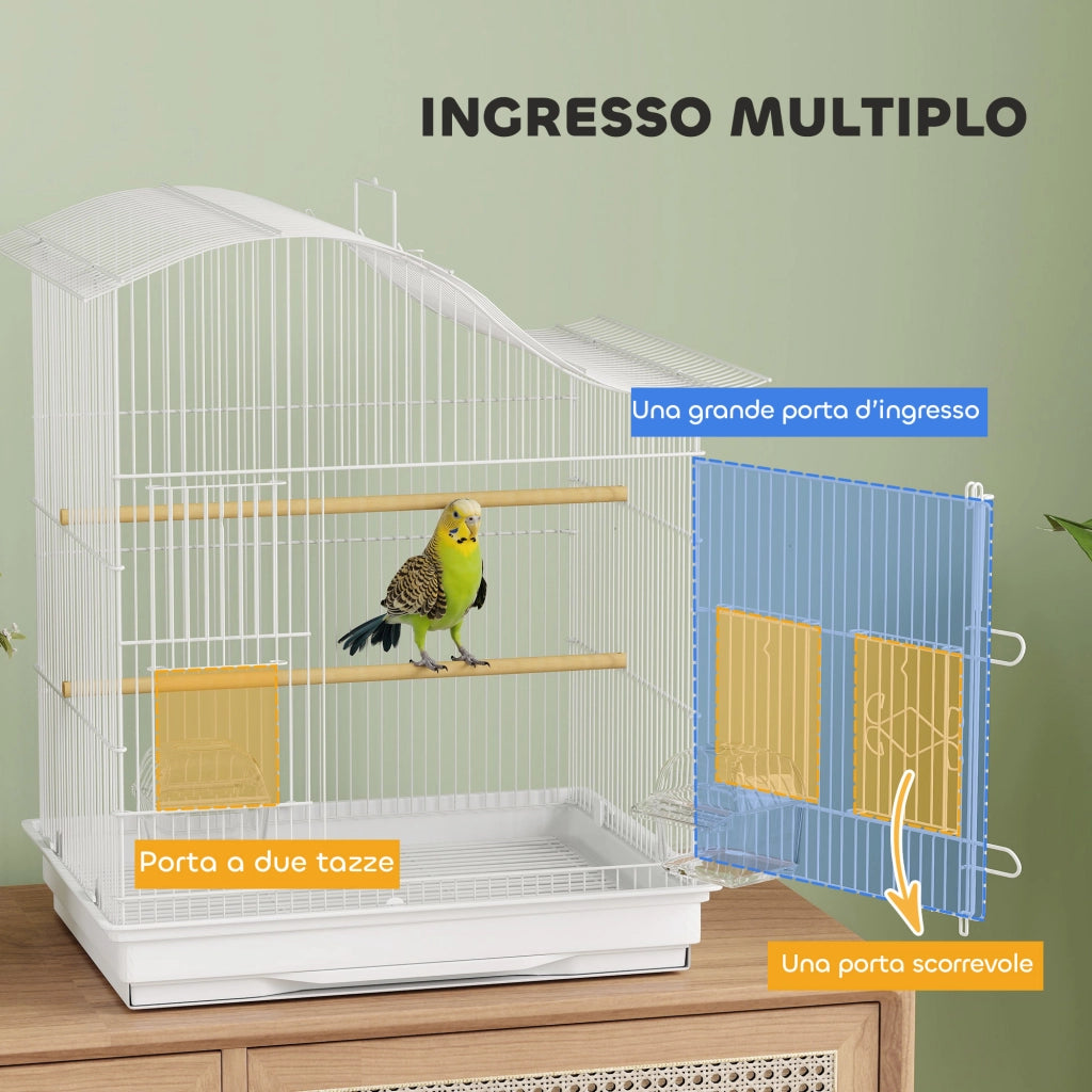 Gabbia per Uccelli a 4 Porte con 2 Ciotole, 2 Posatoi e Vassoio, in Metallo e Plastica, 47.5x36x54.5 cm, Bianco