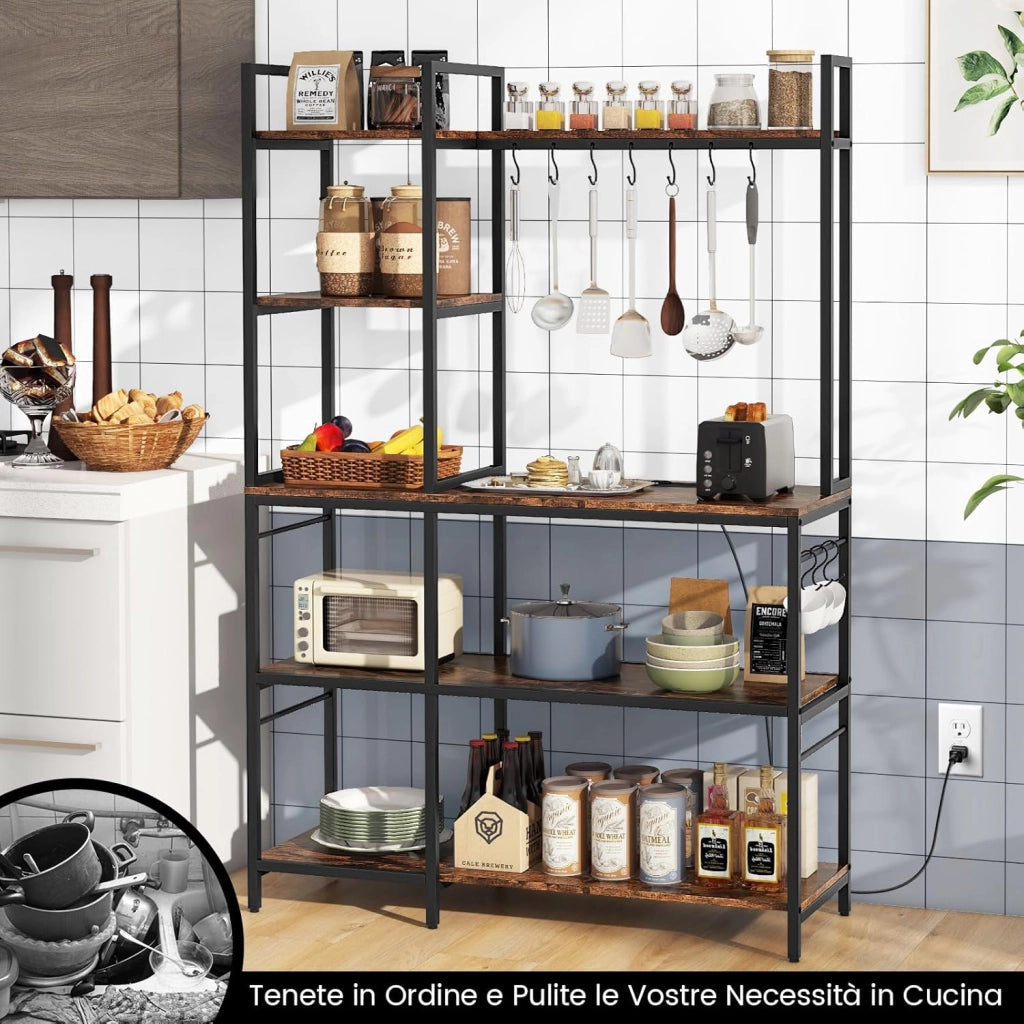 Scaffale da Cucina su 5 Ripiani, Scaffale per Microonde con Multipresa, Mensola da Cucina Struttura in Metallo con 10 Ganci, per Sala Pranzo e Pannettiera, 107 x 37 x 160 cm, Marrone Vintage