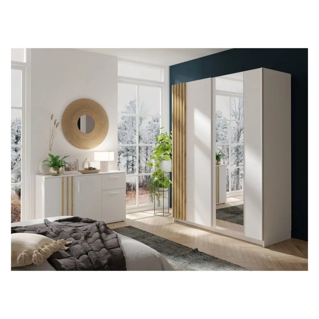 Cassettiera VARIA - 3 porte e 1 cassetto - Design moderno colore bianco e rovere artigianale