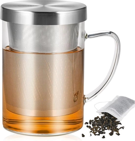 Tazza da Tè con Coperchio in Acciaio Inossidabile e Straino, 450 ml Tazza da Tè Grande, Tazze da Tè in Vetro di Borosilicato + 20 Sacchetti di Filtrazione per Tè