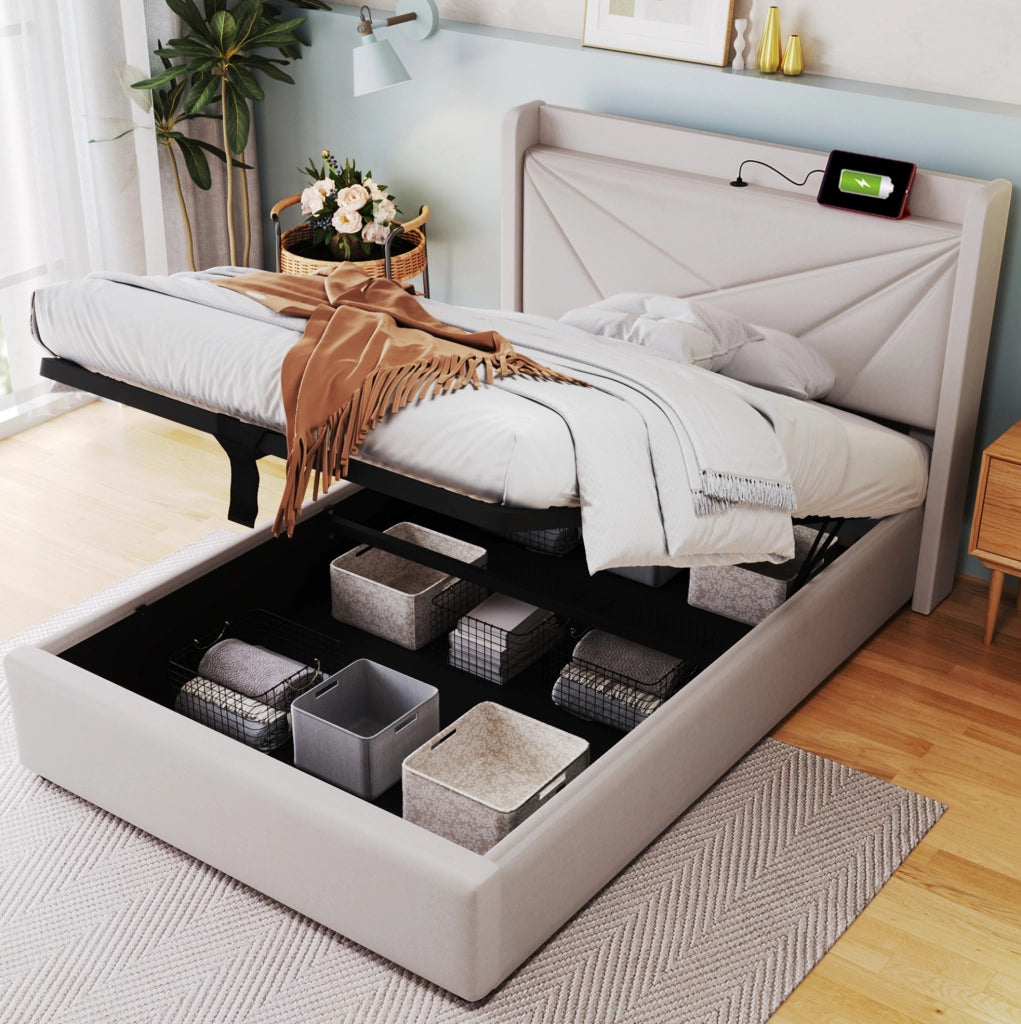 Letto contenitore 90x200 cm con USB e USB C; testiera imbottita; beige