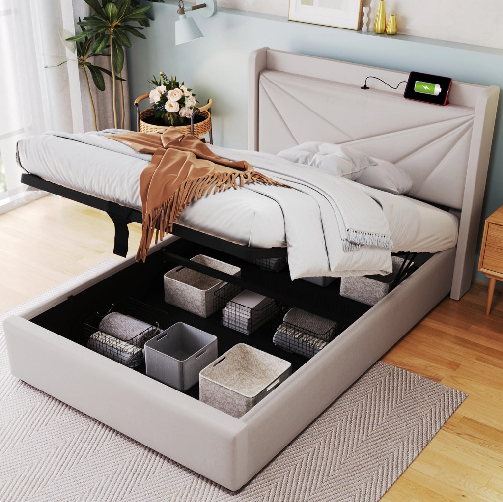 Letto contenitore 90x200 cm con USB e USB C; testiera imbottita; beige