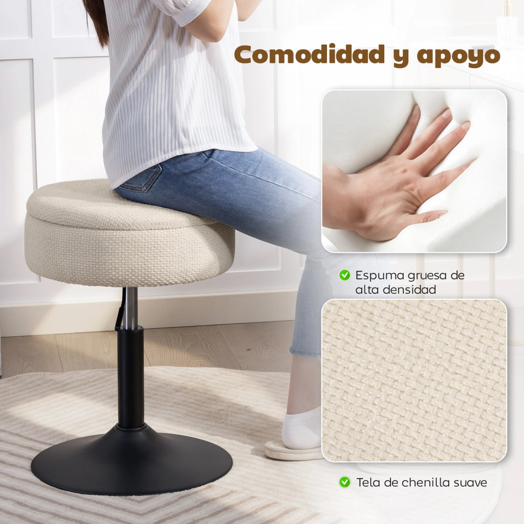 Sgabello da Bar con Contenitore ¨C zephmum ¨C Altezza Regolabile, Rotante, Imbottito in Chenille Beige