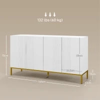 Credenza Moderna a 4 Ante con Chiusura Ammortizzata e Mensole Regolabili, 140x40x75cm, Bianco e Oro