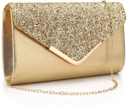 Borsa da sera con catena e pailletten, chiusura con cerniera e maniglia, glitter e una tasca laterale, disponibile in unico formato.