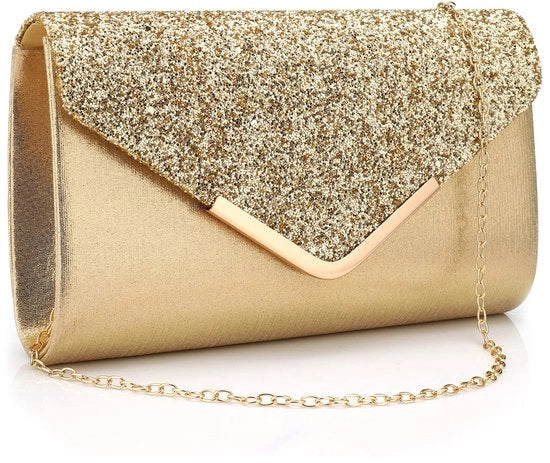Borsa da sera con catena e pailletten, chiusura con cerniera e maniglia, glitter e una tasca laterale, disponibile in unico formato.