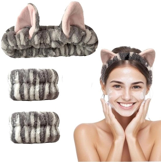 Cintura Capelluta Elastica - 3 x Cintura Capelluta per Trucco - Orecchie di Gatto - Viscosa Microfibra - Cura della Pelle - Comodo e Carino - Cintura Capelluta