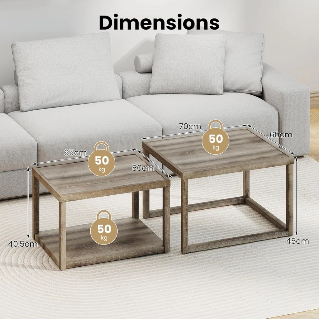Set di 2 tavolini impilabili, rettangolari, per soggiorno, in legno, piccolo, set da 2 pezzi, in 2 misure, tavolino da caffè in legno con ripiano, grigio