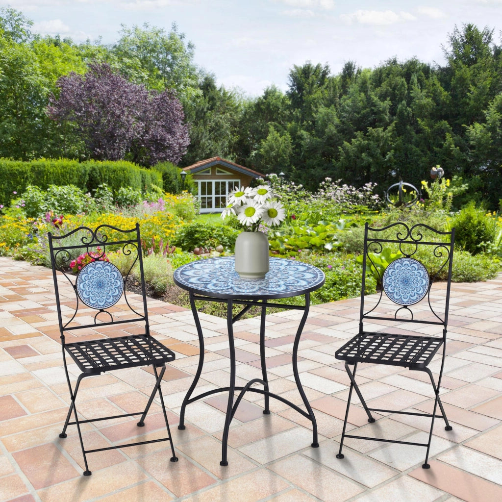 Set Tavolo e 2 Sedie Pieghevoli da Giardino con Mosaico in Metallo