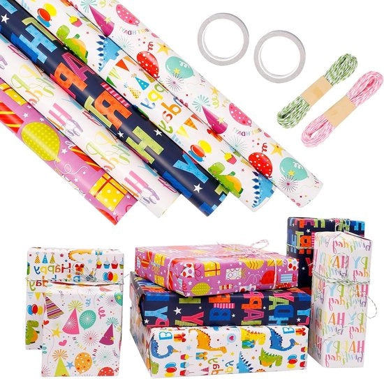 Cadeaupapier Dinosaurus - 5 Rollen, 43 cm x 3 m - Kinderrol per Bambini - Con Henneptouw e Adesivo a Doppia Faccia - Regali per Feste di Bambini