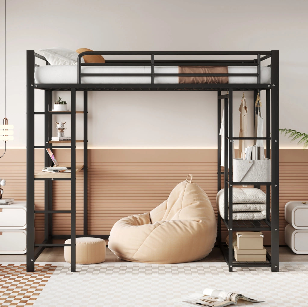 Letto a soppalco matrimoniale 140 x 200 cm in metallo nero con scrivania e guardaroba