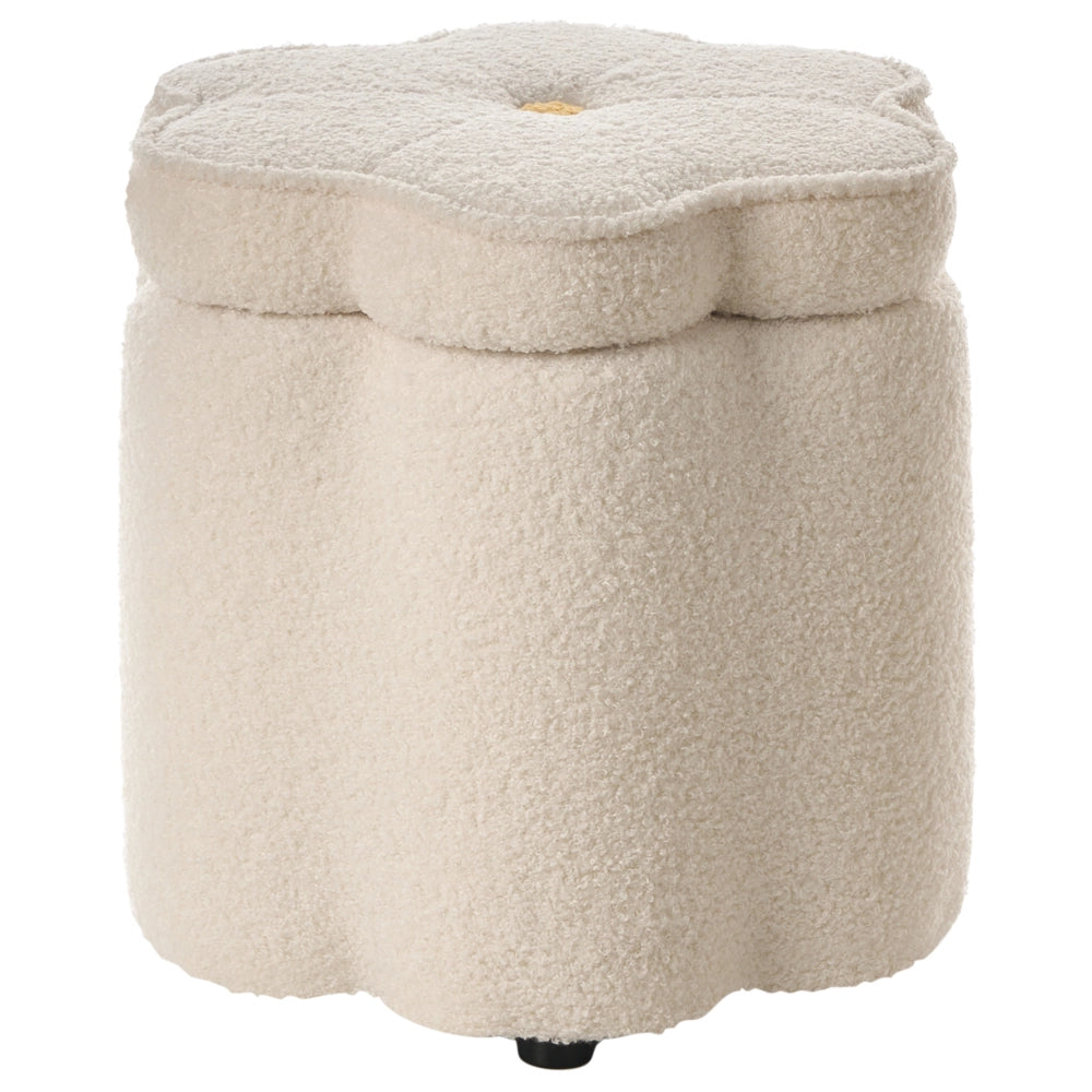 Pouf bianco sporco con rivestimento in bouclé, contenitore e motivo floreale, per soggiorno e camera da letto, stile scandinavo.