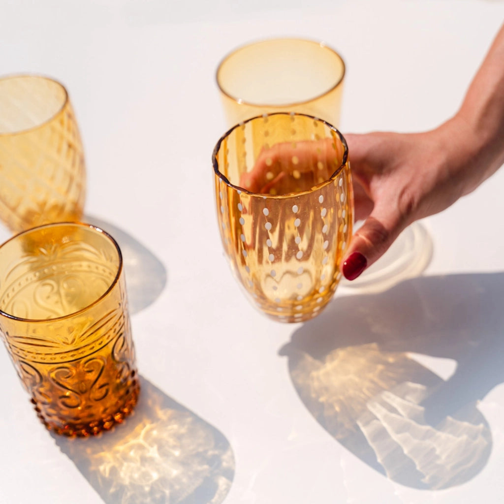 Zafferano Perle Bicchiere Ambra - Vetro Colorato Soffiato a Bocca, 32 cl, Lavorato a Mano - Set da 2 Tumblers Artigianali per Acqua o Cocktail