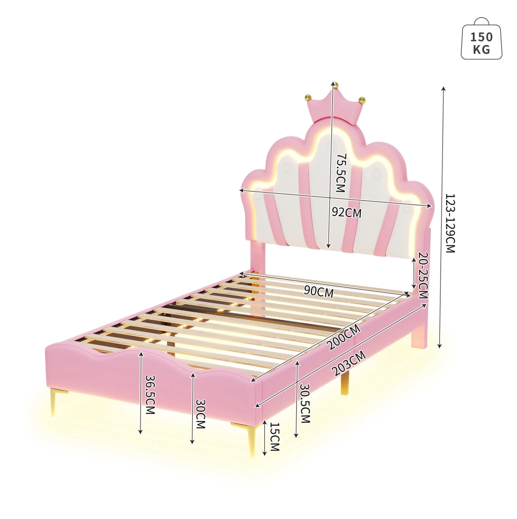 Letto singolo 90x200 cm con LED e testiera a nuvola; PU; rosa